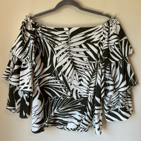 Design Lab Lord & Taylor Green & White Tropical Off-Shoulder Top Women's Size S - Picture 2 of 4